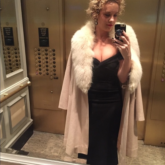 Vintage S/M full length fur coat wool fox collar camel blonde jacket winter real - Picture 8 of 13